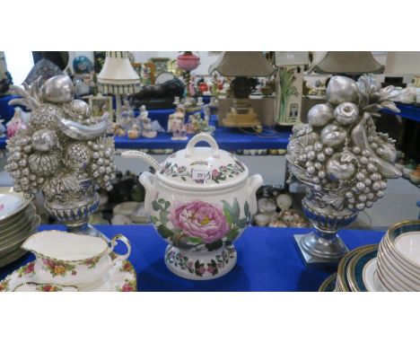 A Portmeirion Botanic Garden soup tureen and ladle, and two silver resin fruit ornaments Condition Report:Available upon requ