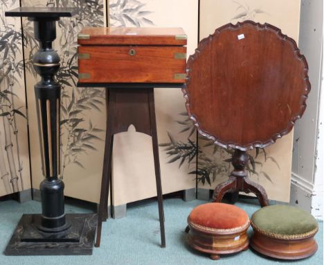 A mixed lot to include 19th century mahogany tilt top table, 20th century ebonised plant pedestal, another plant pedestal, br