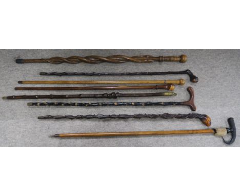 A collection of eight assorted walking sticks, to include an example with brass fo dog pommel, a horn and hoof-handled hiking