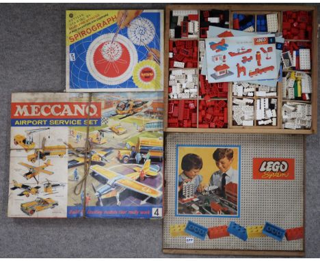 A vintage Lego System set, housed in an improvised wooden case, together with a Meccano No. 4 Airport Service Set, Spirograph