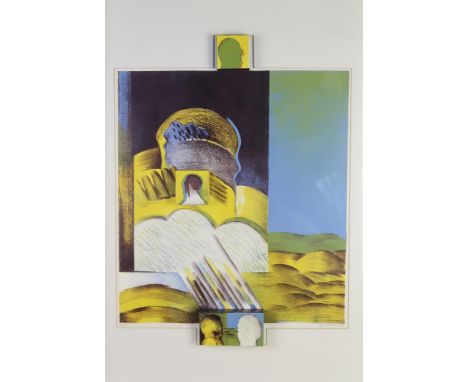 MICHAEL ROSCHLAU (GERMAN B.1942) SURREAL HEADS Lithograph/collage construction, signed in pencil, dated (19)68, ed.14, 61 x 4