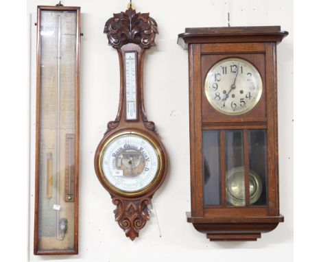 A lot comprising a 19th century Admiral Fitzroy's Barometer/Thermometer, 92cm high x 19cm wide, a Victorian Walnut Aneroid Ba