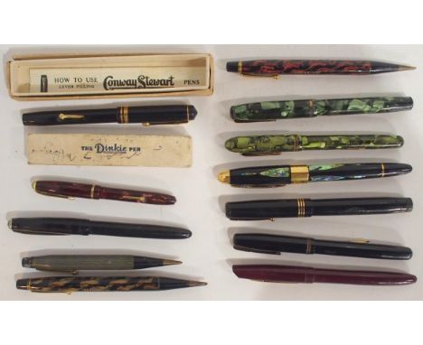 Assorted vintage fountain pens, to include a boxed Conway-Stewart No. 338 pen, Dinkie Pen, Mabie Todd Swan Leverless pen (no.