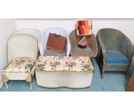 A lot comprising five assorted Lloyd Loom and Lloyd Loom style wicker armchairs, wicker hamper, mid century German style tabl