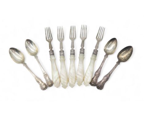 A set of five Victorian silver mother of pearl fish knives, by Harrison Brothers &amp; Howson, Sheffield 1864, two Victorian 