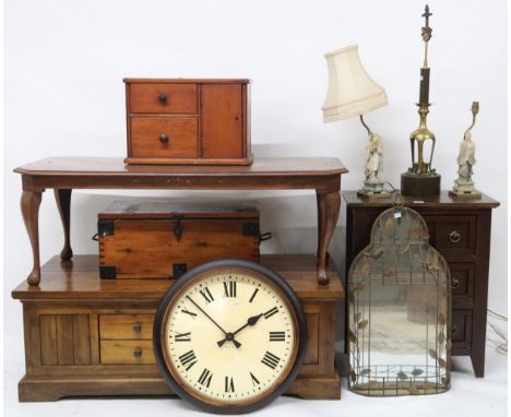 A large mixed lot comprising hardwood coffee table, brass inlaid coffee table, metal bound chest, pine table top chest, three