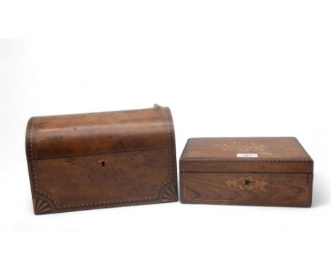 A dome top tea caddy, an inlaid box, a classical lady lamp with flame shade and a brass column lamp base Condition Report:Ava