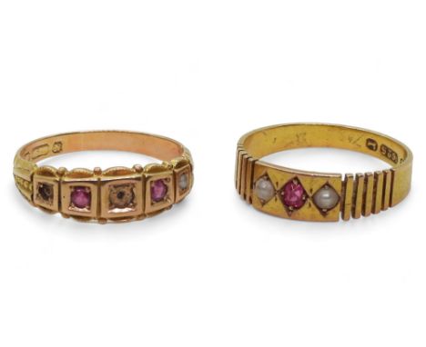 A 15ct gold ruby and pearl ring, Chester hallmarks for 1880, size approx O, together with a 15ct red gem and pearl ring (two 