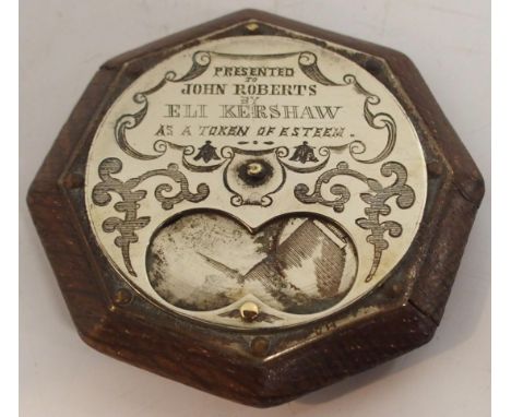 An octagonal oak miser's snuff box, one side engraved with a scene of Tam o' Shanter and Souter Johnnie carousing, the other 