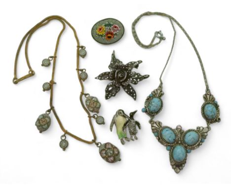 A micro mosaic panel necklace, silver marcasite rose brooch, penguin brooch and other vintage items Condition Report:No condi