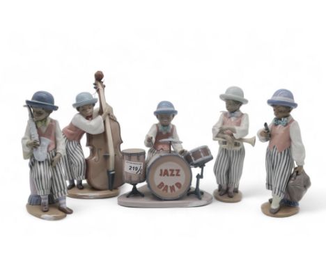 A Lladro jazz band including drummer, double bass player,&nbsp; saxophonist, trumpet player and clarinet player (5) Condition