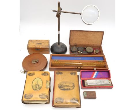 A mixed lot, comprising a leather-cased 100ft tape measure by Hockley Abbey, desk magnifier on heavy cast iron base, boxed Ho