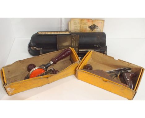 A Stanley No. 4 woodworking plane and hand drill, both boxed, together with a Protectograph cheque writing machine, retaining