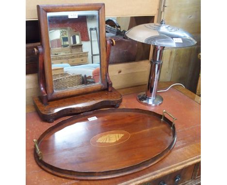 A lot comprising 20th century chromed Art Deco mushroom style table lamp, 19th century walnut oval twin handled serving tray 