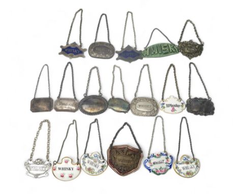 A collection of ceramic, plate and silver decanter labels, two silver whisky examples, one by B &amp; Co, Birmingham, 17gms (