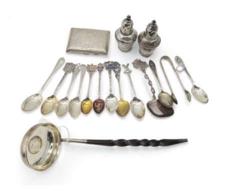 A collection of silver including a George III white metal ladle, with turned whalebone handle, cigarette case by Samuel M Lev