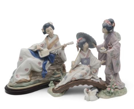 Lladro figure group, Springtime In Japan,&nbsp; modelled as two Geisha on a bridge with a crane, sculpted by Salvador Debon, 