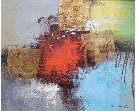R. MANCINI (CONTEMPORARY SCHOOL) &nbsp;ABSTRACT IN RED AND GOLD &nbsp;Oil on canvas, signed lower right, 49.5 x 60cm&nbsp; &n