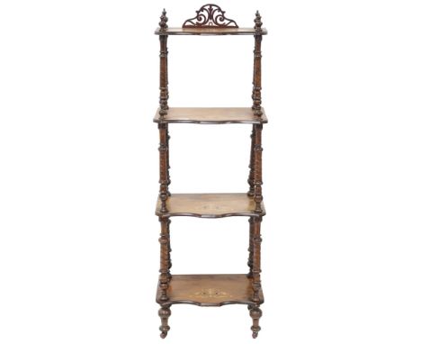 A late Victorian walnut and satinwood inlaid four tier what-not with four shelves separated by turned spiral columns on turne