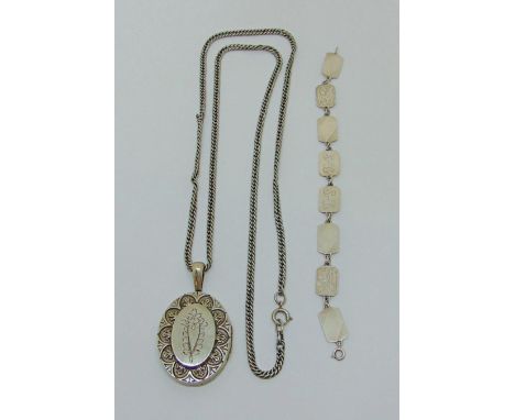 Aesthetic movement silver locket necklace with embossed and engraved decoration, plus a vintage silver panel link bracelet (2