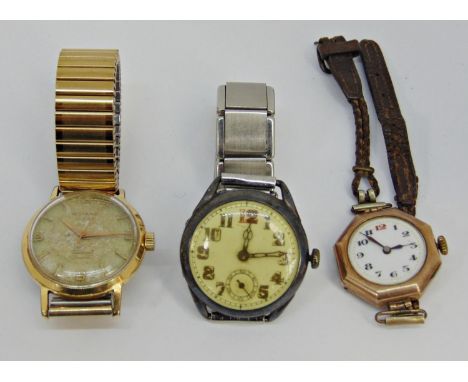 Collection of vintage watches to include a 1920s/30s 9ct lug watch with enamelled dial and plaited leather strap, further sil