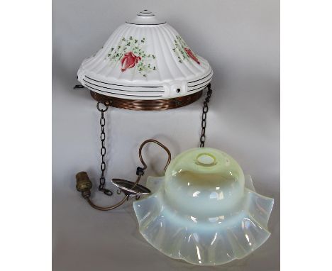 A white opaque glass ceiling light with floral decoration, gilt marble effect three branch hanging light and a green tinted g