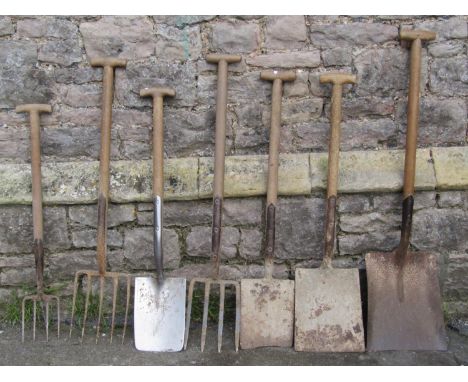 A small collection of vintage gardening tools with ashwood T shaped handles 