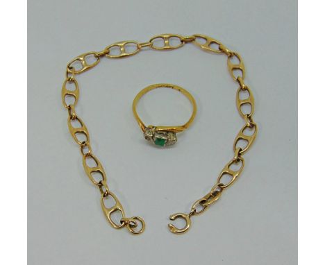 18ct chrysoprase and diamond crossover ring, 2.2g (one diamond vacant) and a 9ct fancy link bracelet, 4.2g (2) 
