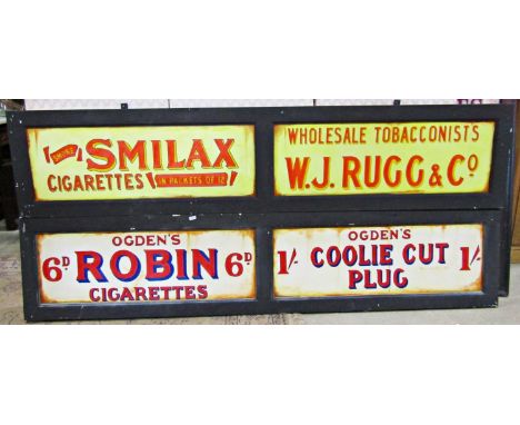 Two vintage style tobacconist signs hand painted on fibre board, 177cm x 38cm 