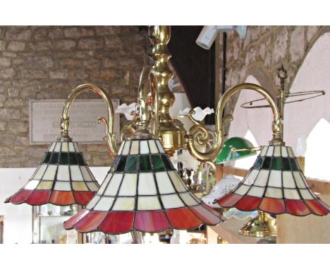 Early 20th century style brass three branch ceiling light with leaded glass shades 