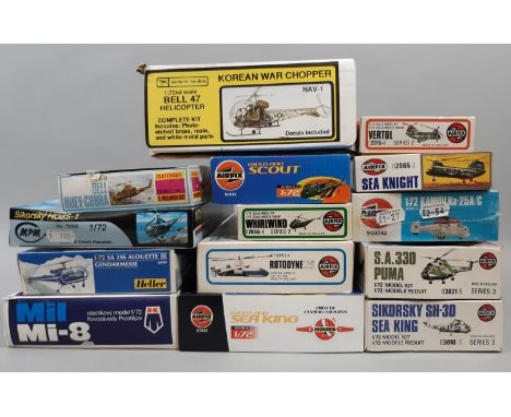 18 model aircraft kits, all 1:72 scale helicopters, including kits by Airfix, Heller, MPM, KP, Matchbox, Airways and Esoteric