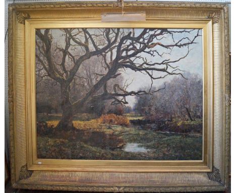 Attributed to Hugh Wilkinson (British Fl. 1880-1922) - River landscape with large tree to foreground, oil on canvas, signed, 