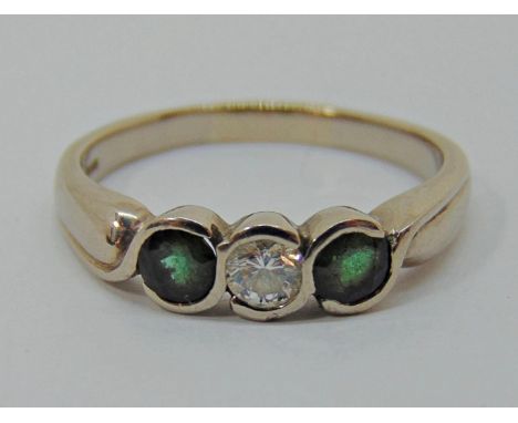 18ct white gold tsavorite (green garnet) and diamond three stone ring, maker 'SJ', Edinburgh 2003, size U, 5.5g 