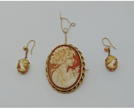 Vintage 9ct cameo brooch depicting a lady and similar pair of drop earrings, 10.2g total (3) 