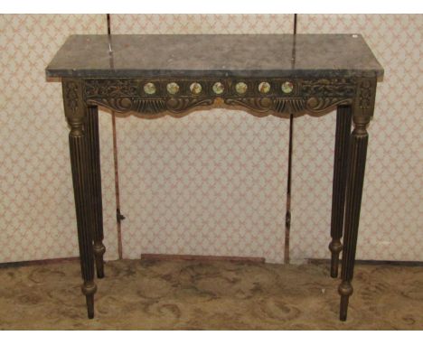 A reproduction gilt wood hall/pier table with loose rectangular marble top raised on reeded supports, 76 cm wide x 31 cm deep