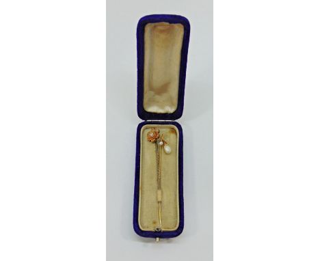 Diamond set stick pin with 15ct terminal and a further 14k baroque pearl example, contained in a period case 