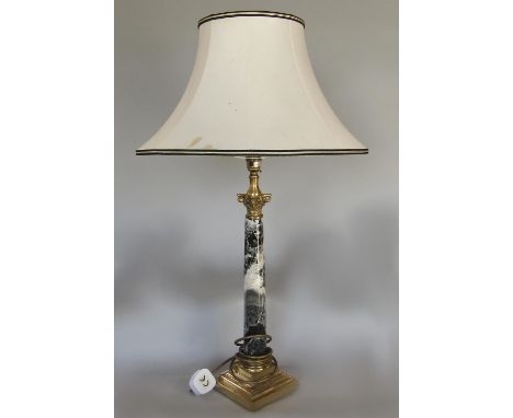 Corinthian column table lamp with black and white marble with gilt metal capital and base with a shade 57 cm lamp only 