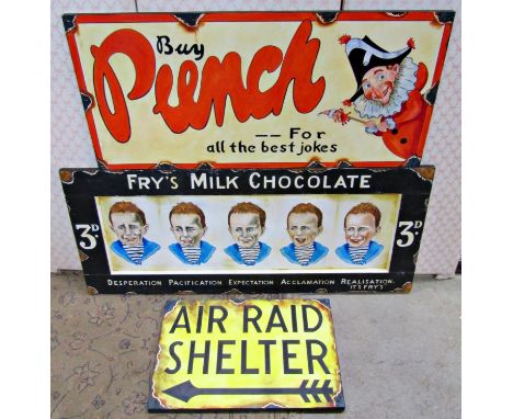 Three vintage style signs advertising 'Fry's milk chocolate', 'Punch jokes' and 'Air raid shelter' (hand painted on fibre boa