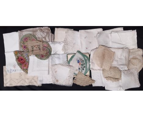 Box of good quality vintage table linen including table cloths decorated with lace, cutwork and pulled thread work, small rou