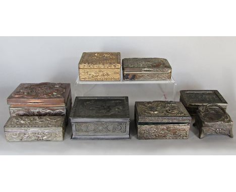 A diverse collection of Chinese silver metal, copper and gilt metal trinket and cigarette boxes (8) 