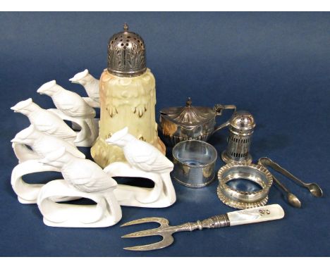 A mixed silver lot comprising a silver topped Worcester blush ivory sugar sifter, further silver pepper, lidded mustard, pear