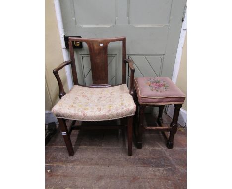 A Georgian countrymade elbow chair, principally in walnut and other woods, with simple splat back and upholstered seat, toget