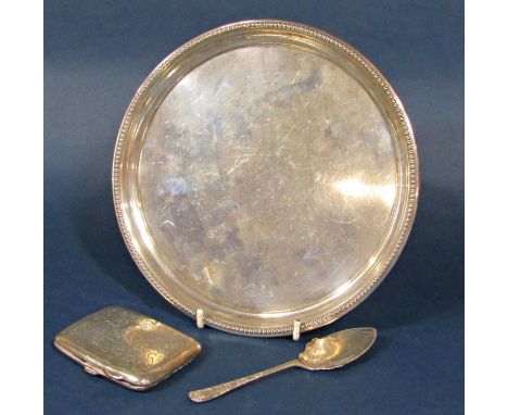 Mixed collection of silver comprising a silver circular waiter with beaded rim, inscription verso, 21 cm diameter; together w