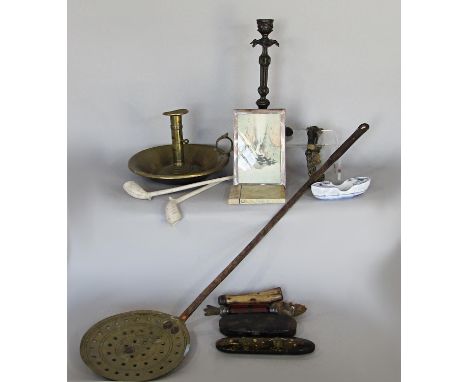 Miscellaneous collection of items, a silver frame, a Japanese lacquered spectacle case, bone handled pen knife, mother-of-pea