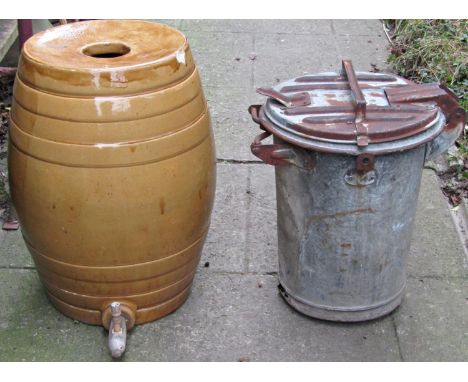 A vintage honey glazed twelve gallon barrel with banded detail together with a galvanised bucket/bin, with hinged lid (both a