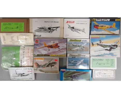 14 model kits of 1:72 scale light transport aircraft, including kits by Airfix, Matchbox, ARll, Heller, Novo, Pioneer, Aerocl