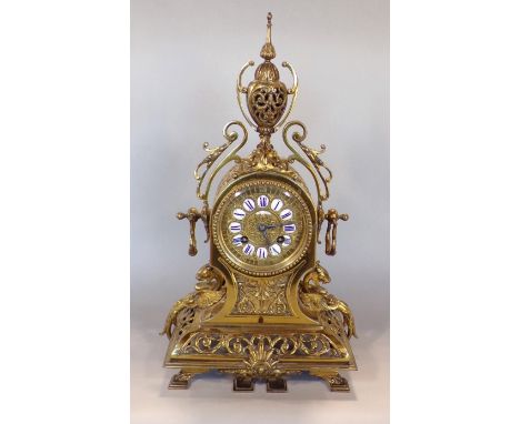 Good quality French brass drum head mantel clock, the worked brass dial fitted with enamel cabochon Roman numerals, the case 