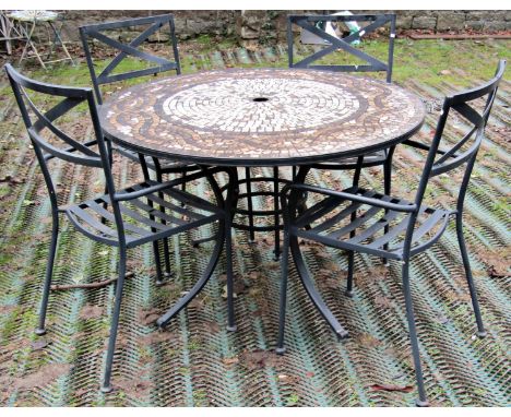 A contemporary light steel garden terrace suite comprising a table of circular form with mosaic tiled top, 110cm diameter, ra