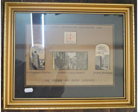 A framed collection of 19th century machine woven silk embroideries showing views of Olde London by WH Grant, produced for Th