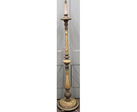 A painted lamp standard in an Italian style, the circular base supporting a tapering column with original pale green floral p